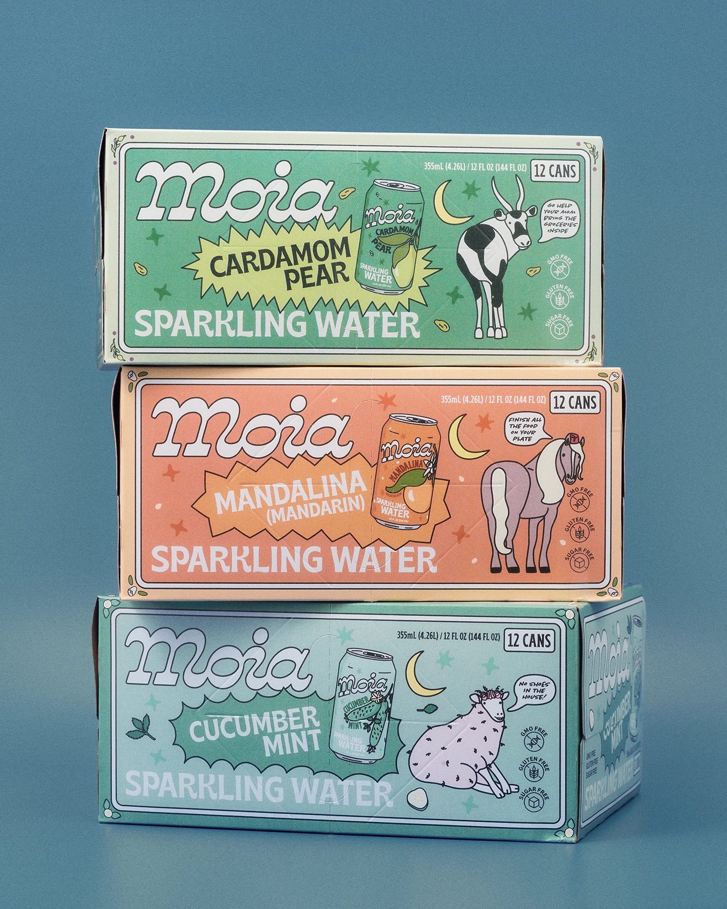 Three stacked cases of Moia